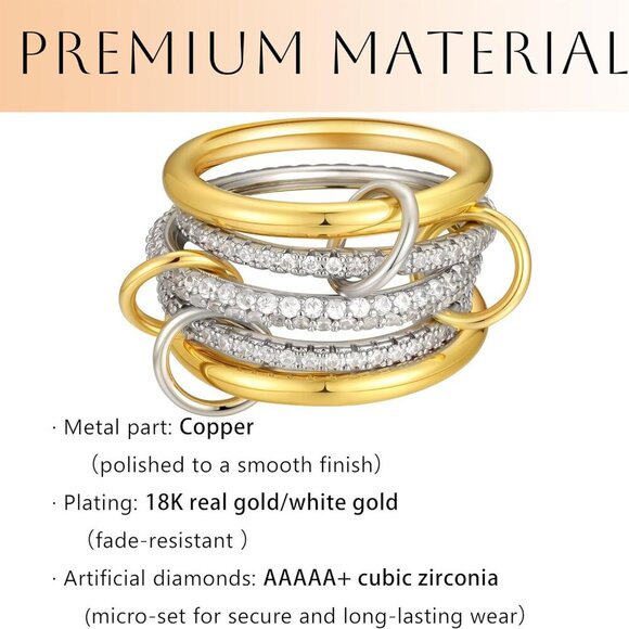 Gold Rings for Women Non Tarnish, 18K Gold Plated Interlocked Stackable Rings, T - Picture 7 of 7